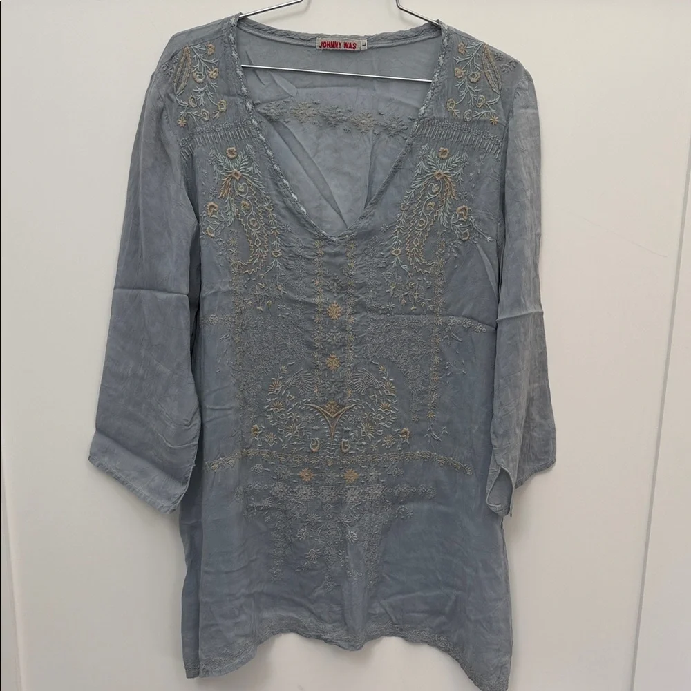 Johnny Was light Blue Tunic with Gold Embroidery. Size L - Picture 1 of 10